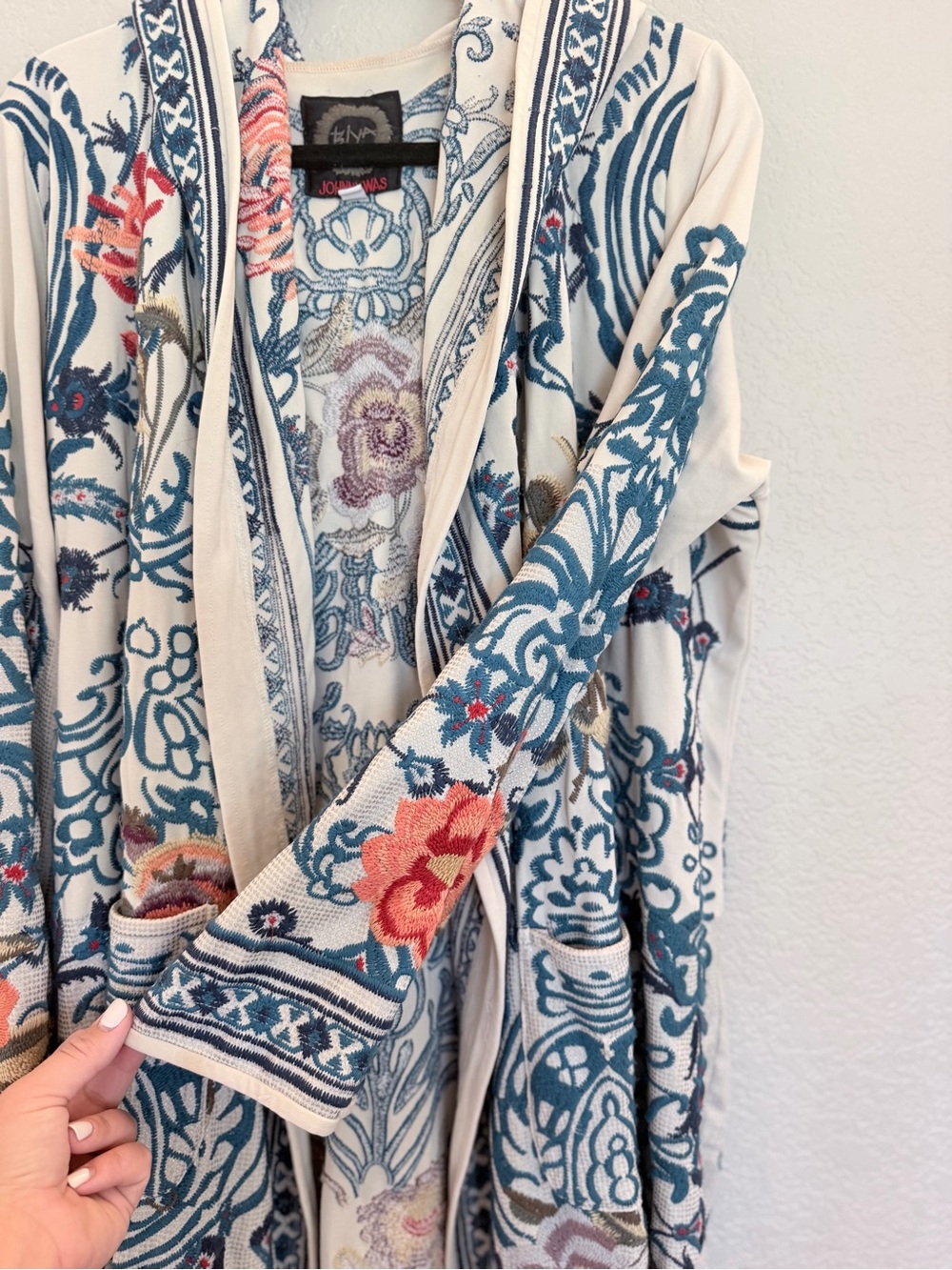 Johnny Was Biya Embroidered Hooded Cardigan — Cream/Blue, Size XL - Picture 5 of 9